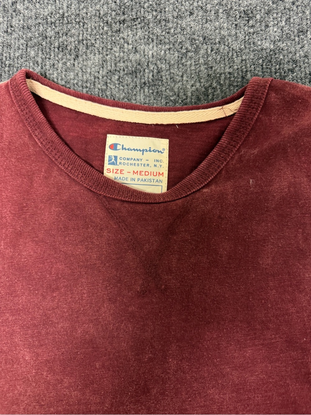 Champion Maroon Short Sleeve Tee with Cream Striped Sleeves - Picture 2 of 3